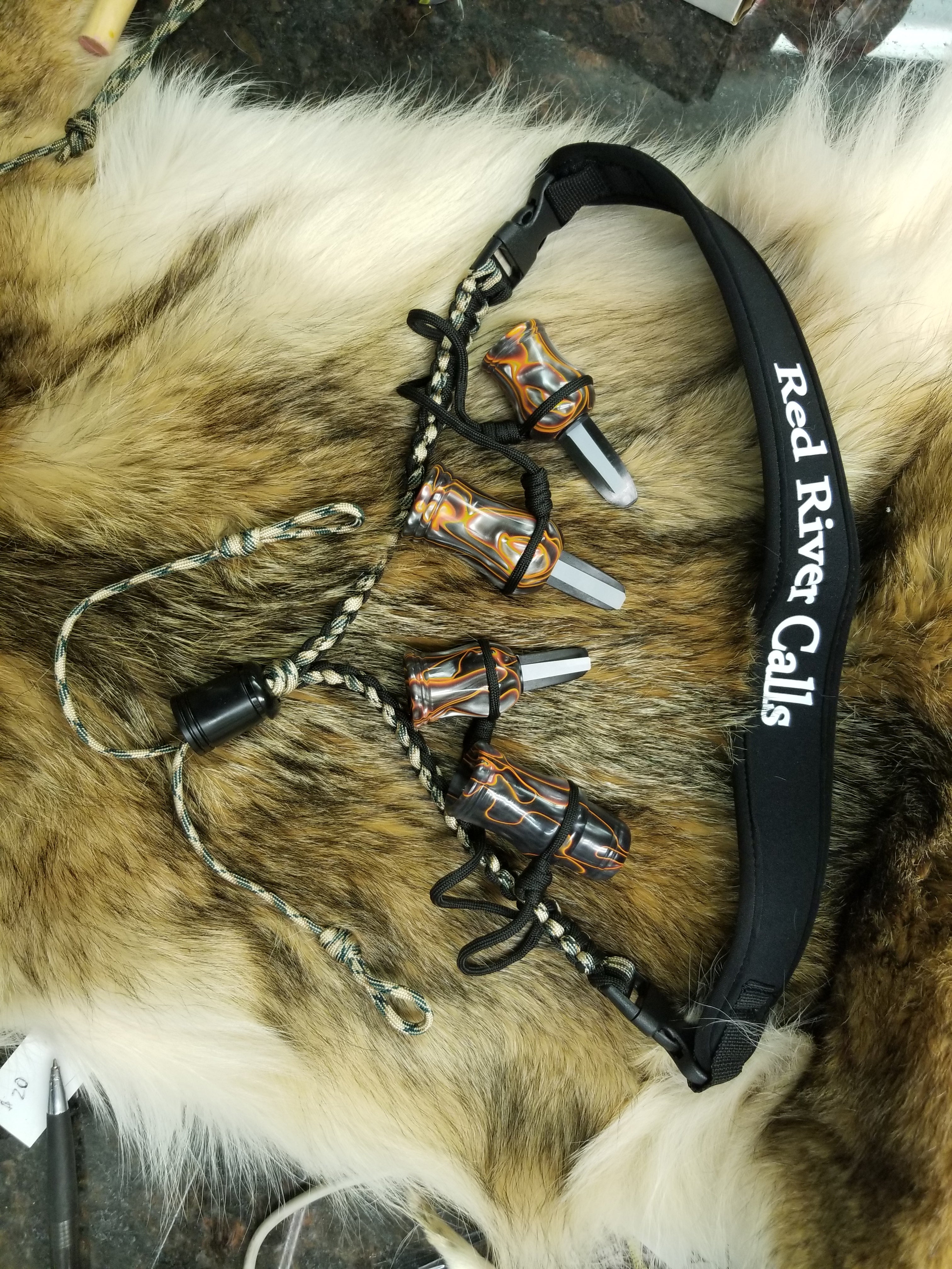 Custom acrylic 4 Predator call set with Red River Calls Lanyard